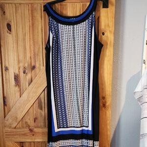 Sandra Darren Blue and Black Geometric Midi Dress